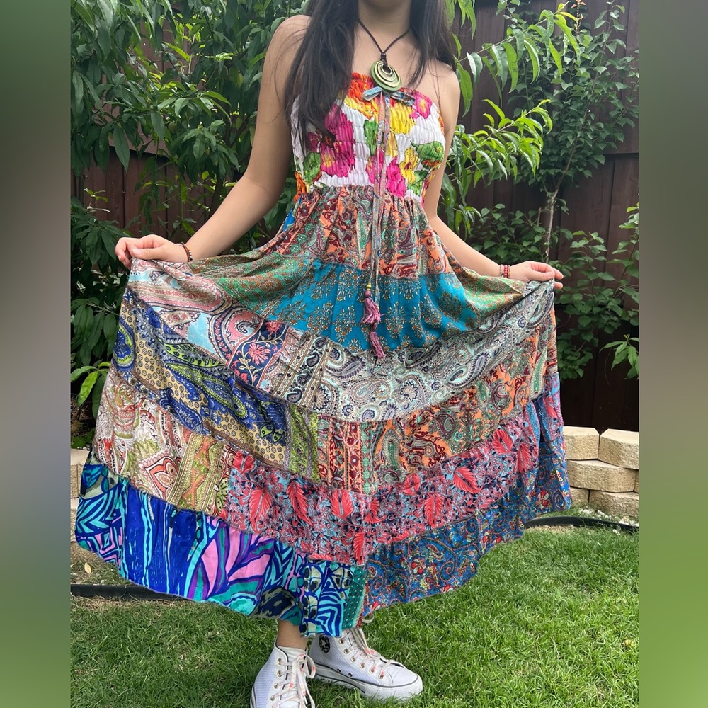 Smocked Ruched Patchwork Boho Dress Skirt - Picture 4 of 17